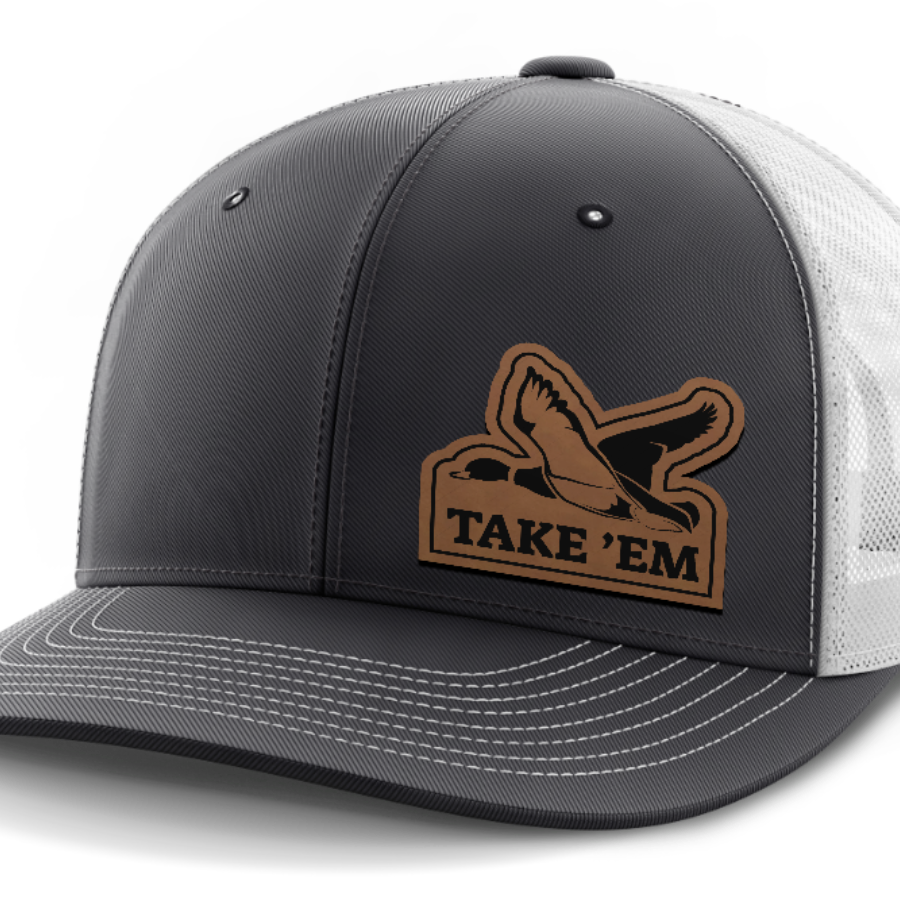 Take Em, Duck Hunting, Leather Patch Hat — Dark Gray | White