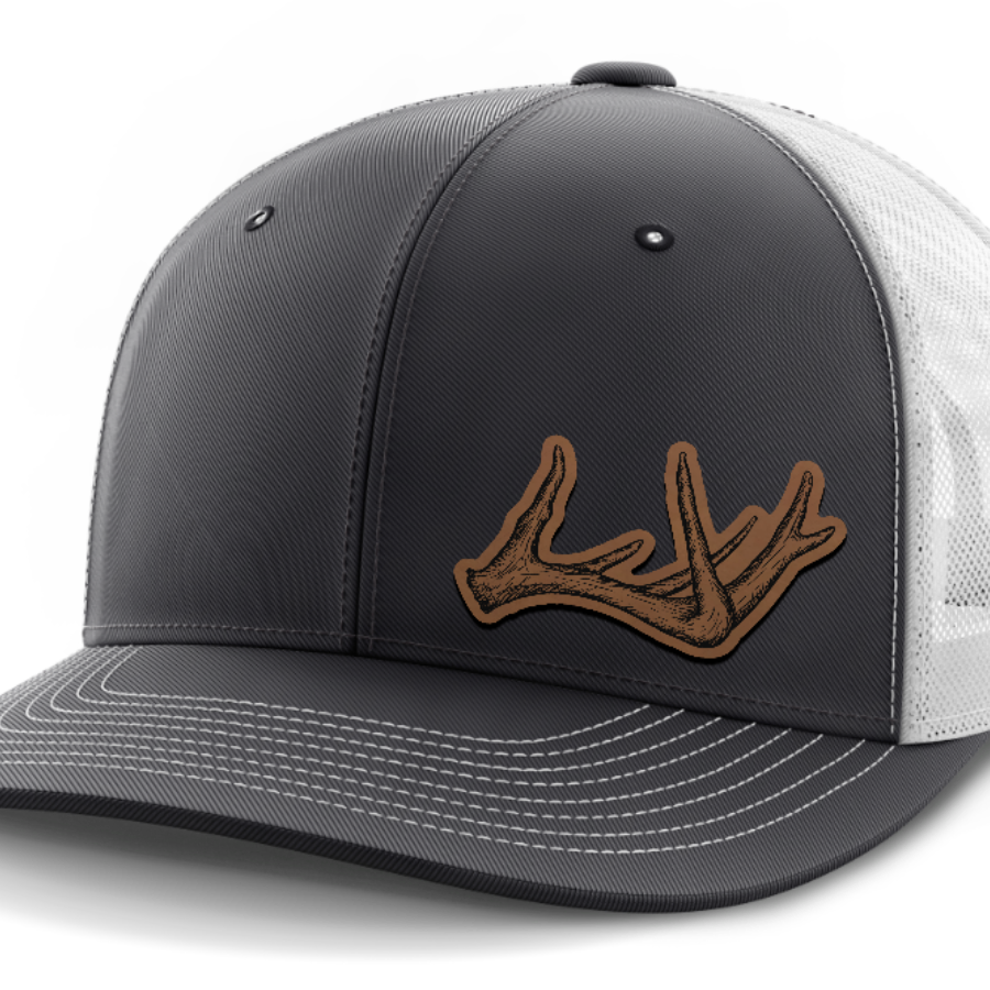 Antlers, Deer & Shed Hunting, Leather Patch Hat — Dark Gray | White