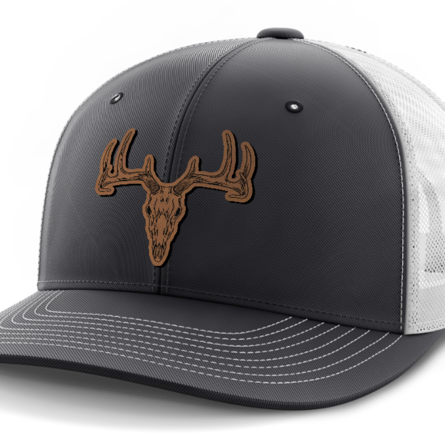Deer Skull, Deer & Shed Hunting, Leather Patch Hat — Dark Gray | White