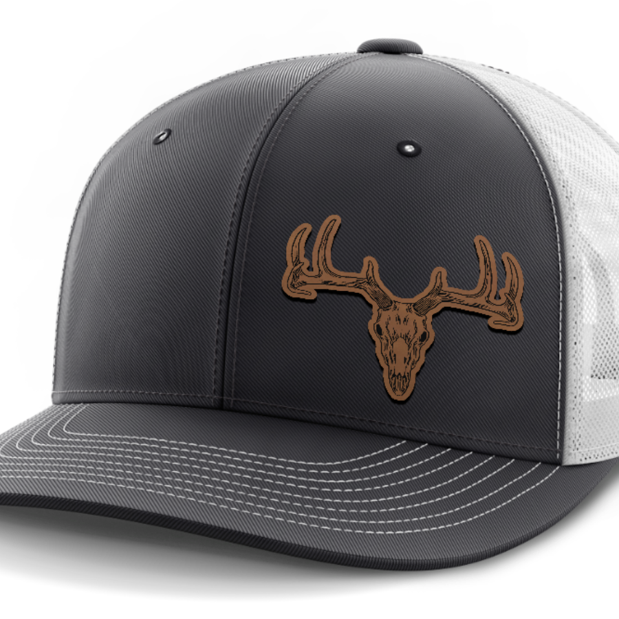 Deer Skull (left), Deer & Shed Hunting, Leather Patch Hat — Dark Gray | White
