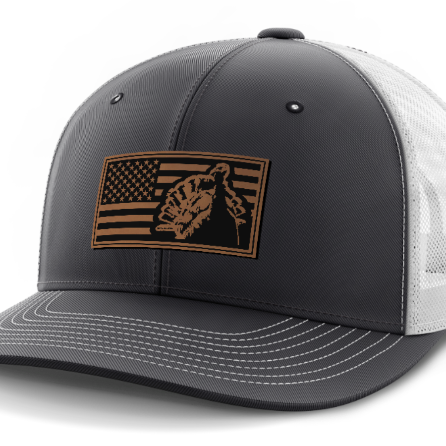 Flag with Turkey, Turkey Hunting, Leather Patch Hat — Dark Gray | White