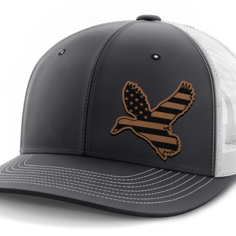 Duck Flag (left), Duck Hunting, Leather Patch Hat — Dark Gray | White
