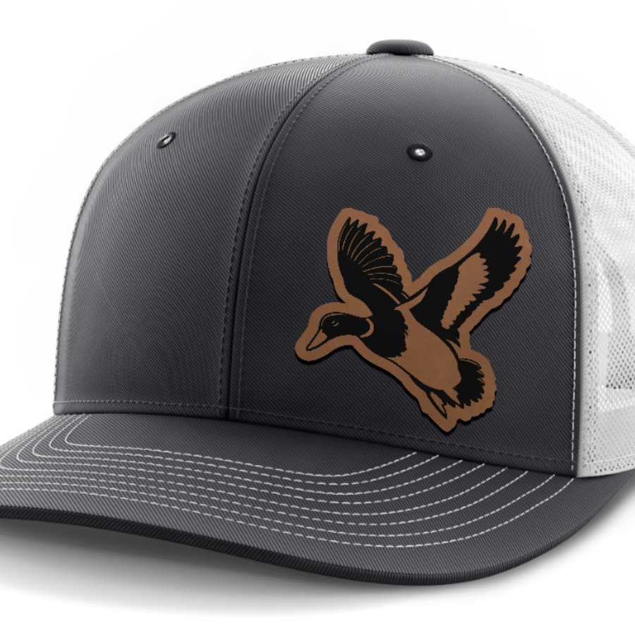 mallard@4x — 6 Panel Mid Profile Mesh Back Trucker Hat — Dark Gray | White