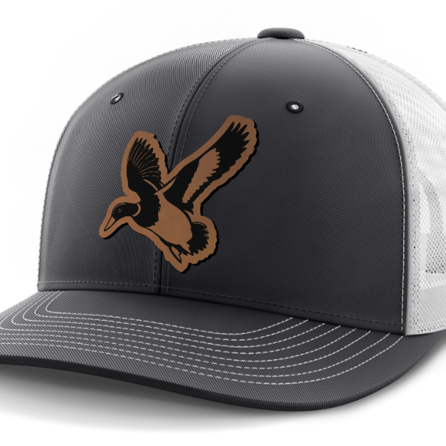 Mallard, Duck Hunting, Leather Patch Hat — Dark Gray | White