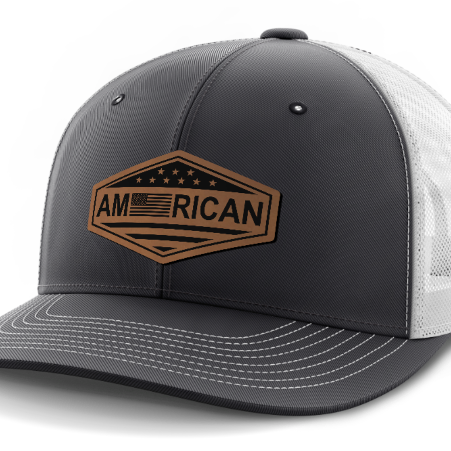 American Flag, Leather Patch Trucker Hat — Dark Gray | White