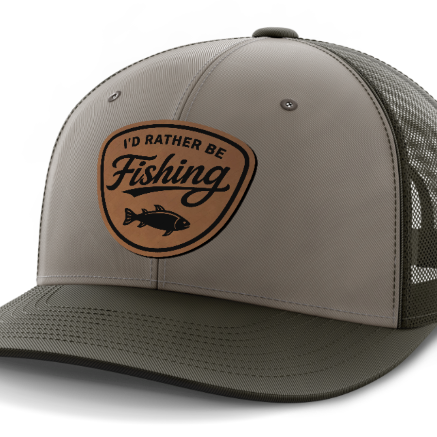 I'd Rather Be Fishing, Leather Patch Hat — DK Green | Gray | Dk Green