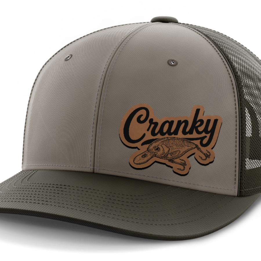 Cranky, Crankbait Decal (left), Leather Patch Hat — DK Green | Gray | Dk Green