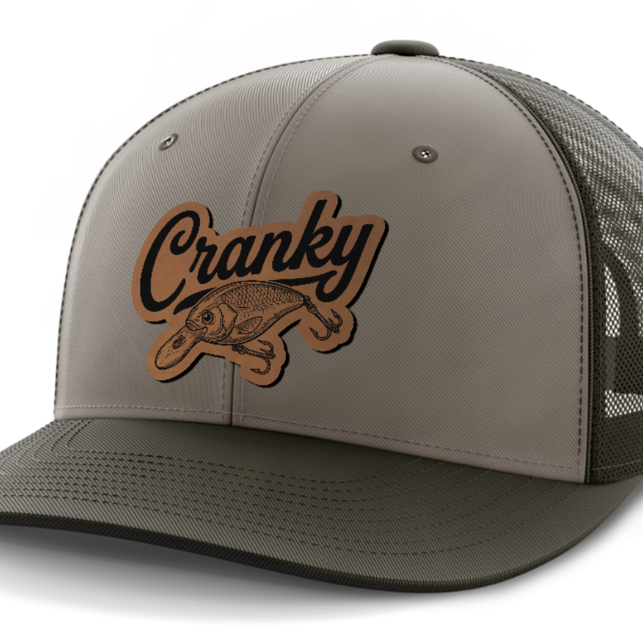 Cranky, Crankbait Decal, Leather Patch Hat — DK Green | Gray | Dk Green