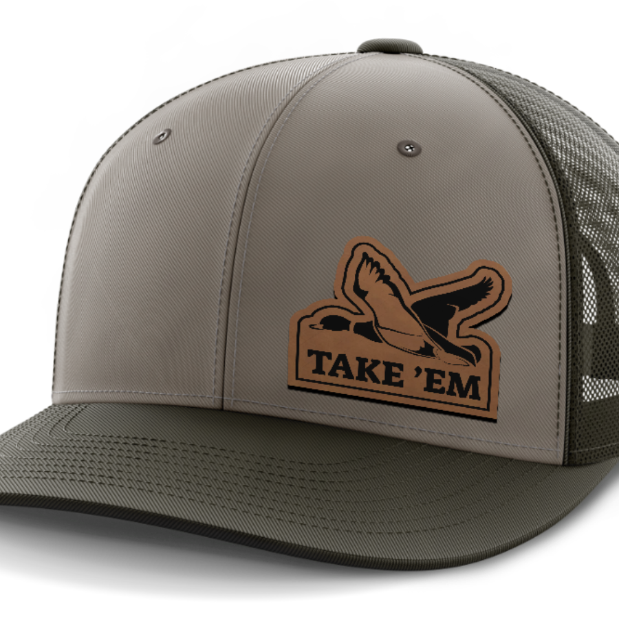 Take Em, Duck Hunting, Leather Patch Hat — DK Green | Gray | Dk Green
