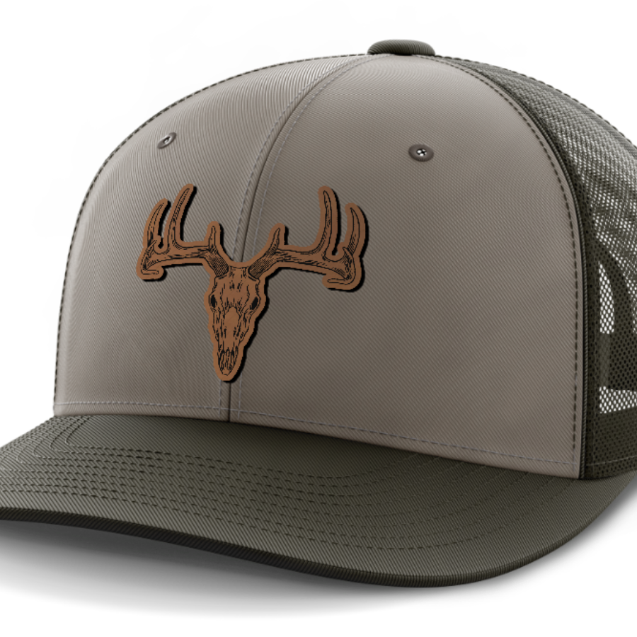 Deer Skull, Deer & Shed Hunting, Leather Patch Hat — DK Green | Gray | Dk Green