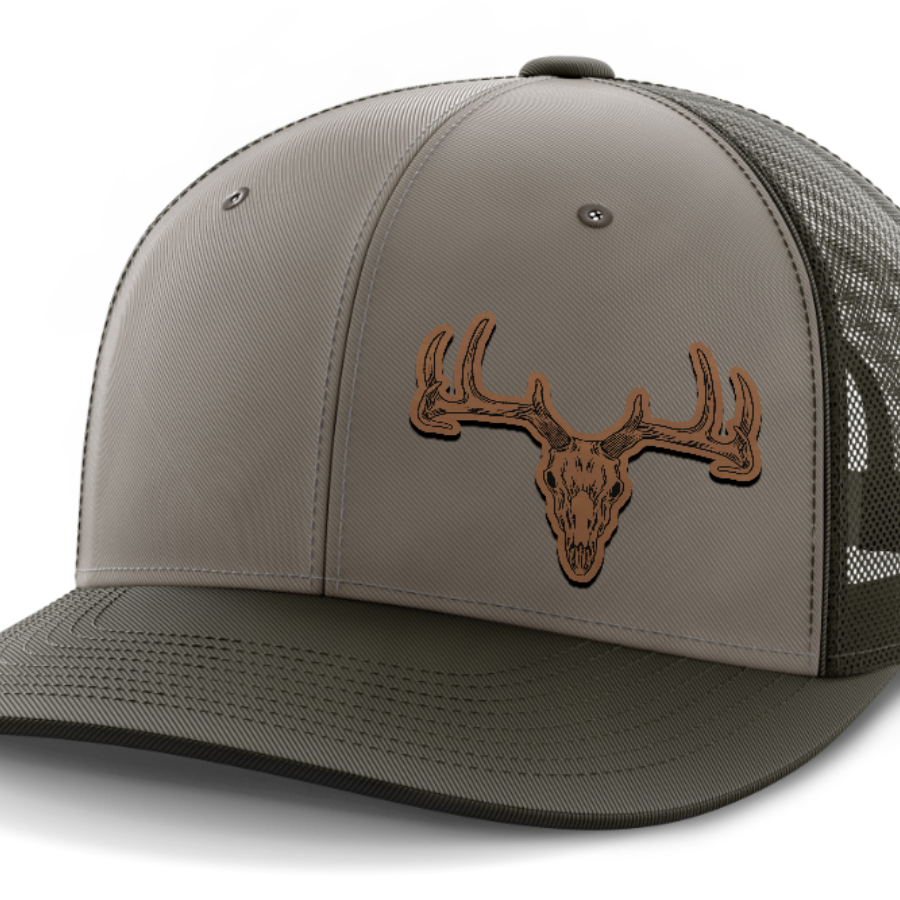 Deer Skull (left), Deer & Shed Hunting, Leather Patch Hat — DK Green | Gray | Dk Green