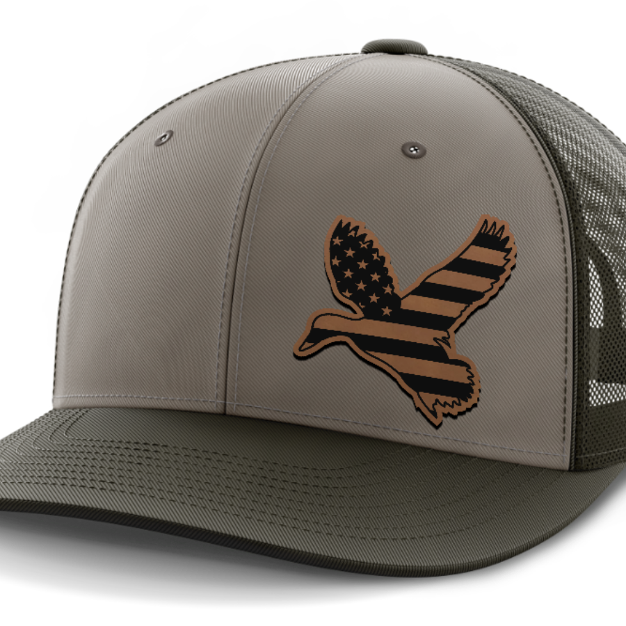 Duck Flag (left), Duck Hunting, Leather Patch Hat — DK Green | Gray | Dk Green