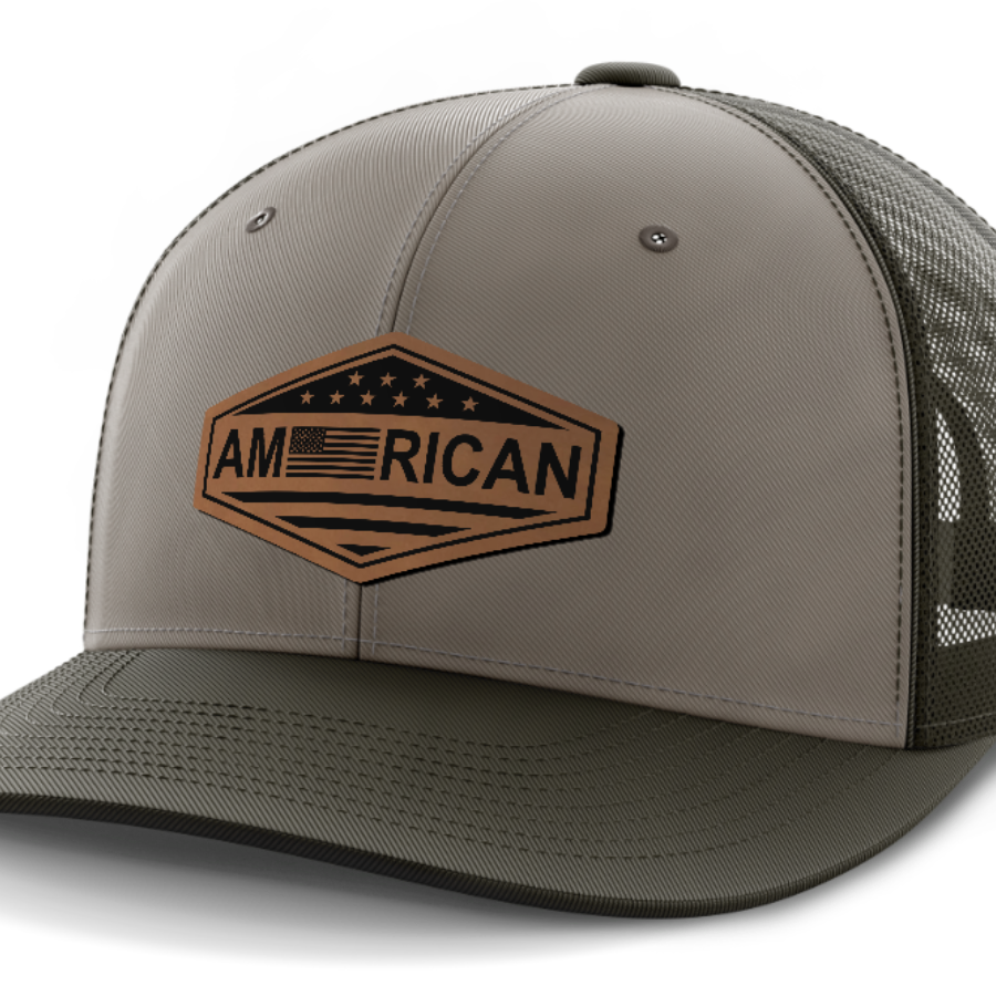 American Flag, Leather Patch Trucker Hat — DK Green | Gray | Dk Green