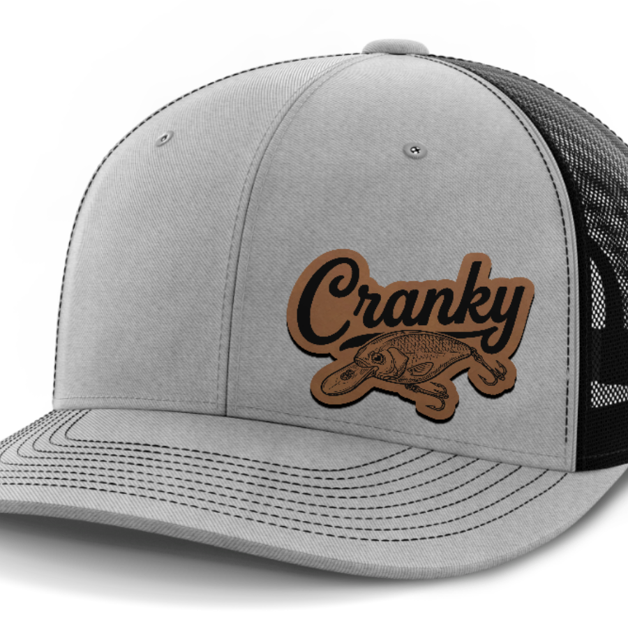 Cranky, Crankbait Decal (left), Leather Patch Hat — Heather Gray | Black
