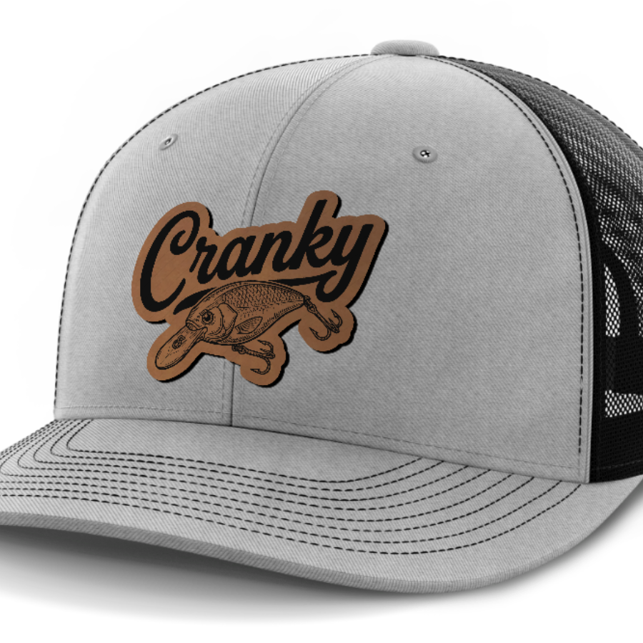 Cranky, Crankbait Decal, Leather Patch Hat — Heather Gray | Black