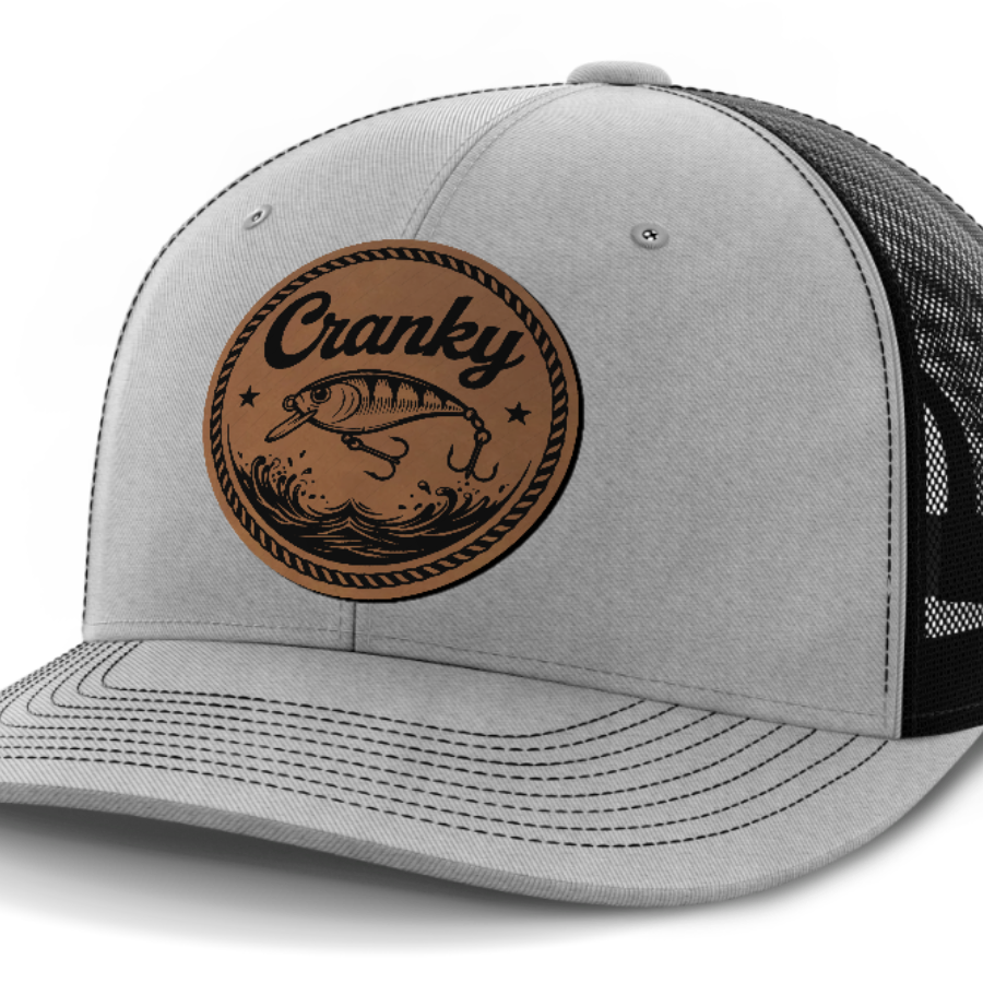 Cranky, Crankbait (round), Leather Patch Hat — Heather Gray | Black