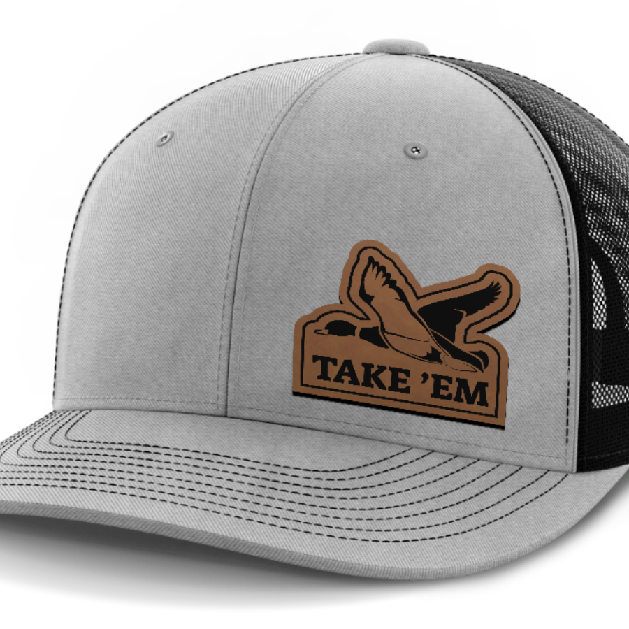 Take Em, Duck Hunting, Leather Patch Hat — Heather Gray | Black