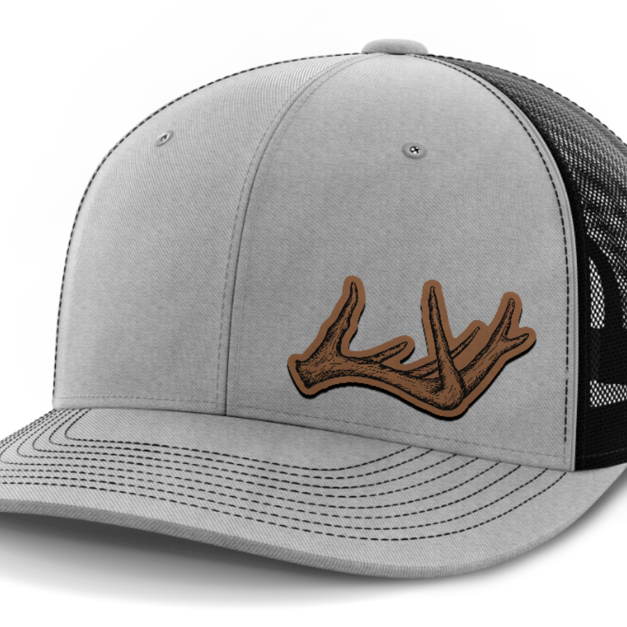 Antlers, Deer & Shed Hunting, Leather Patch Hat — Heather Gray | Black