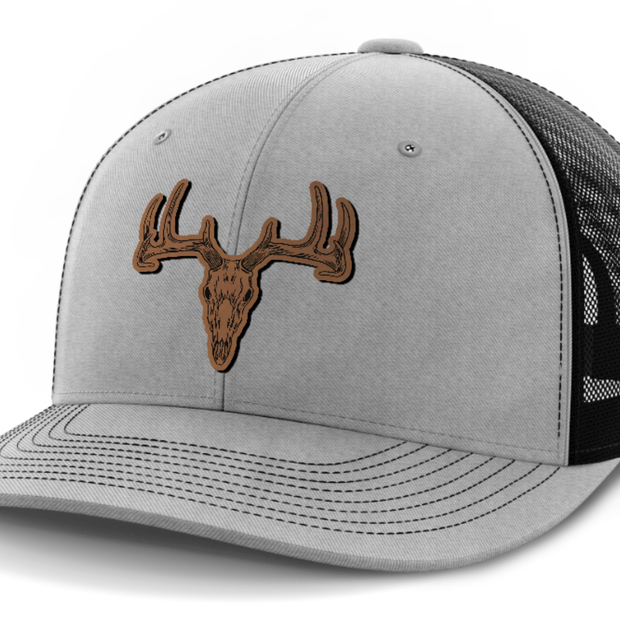 Deer Skull, Deer & Shed Hunting, Leather Patch Hat — Heather Gray | Black