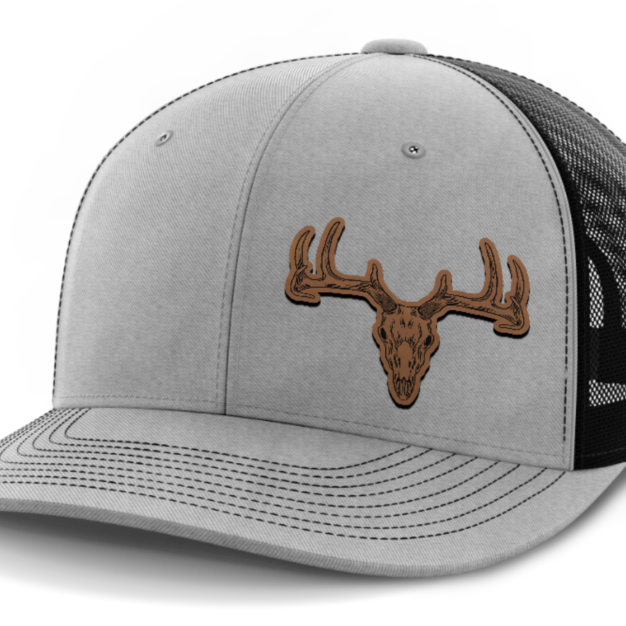 Deer Skull (left), Deer & Shed Hunting, Leather Patch Hat — Heather Gray | Black