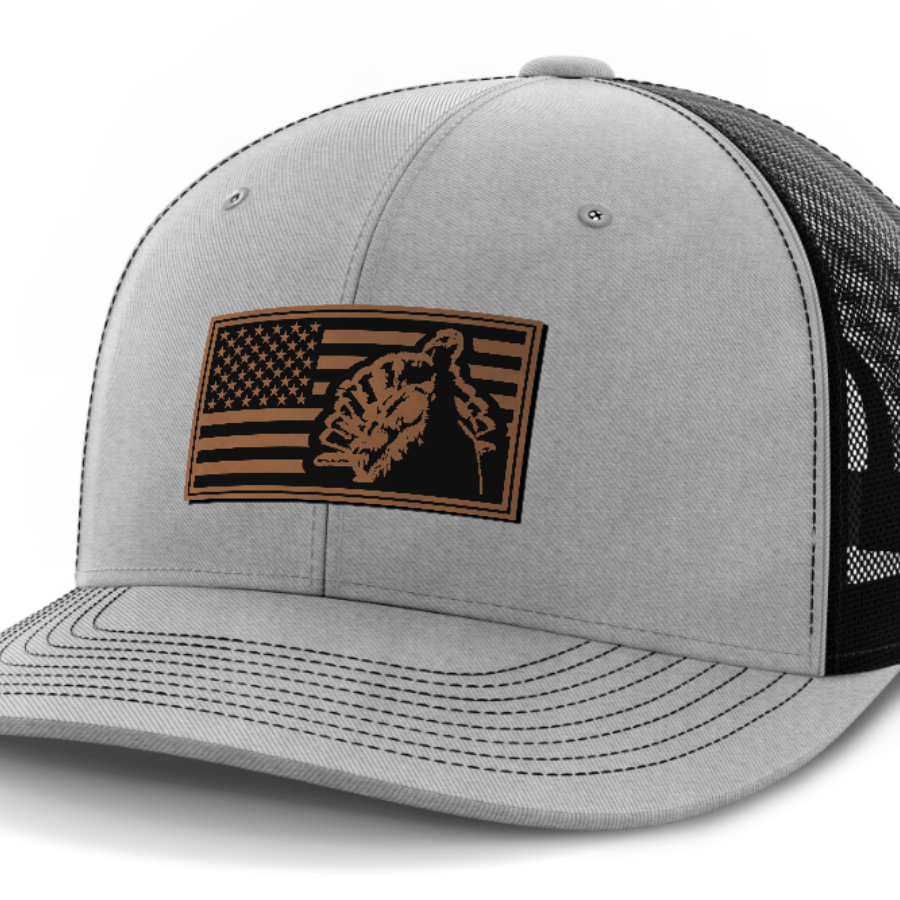 Flag with Turkey, Turkey Hunting, Leather Patch Hat — Heather Gray | Black