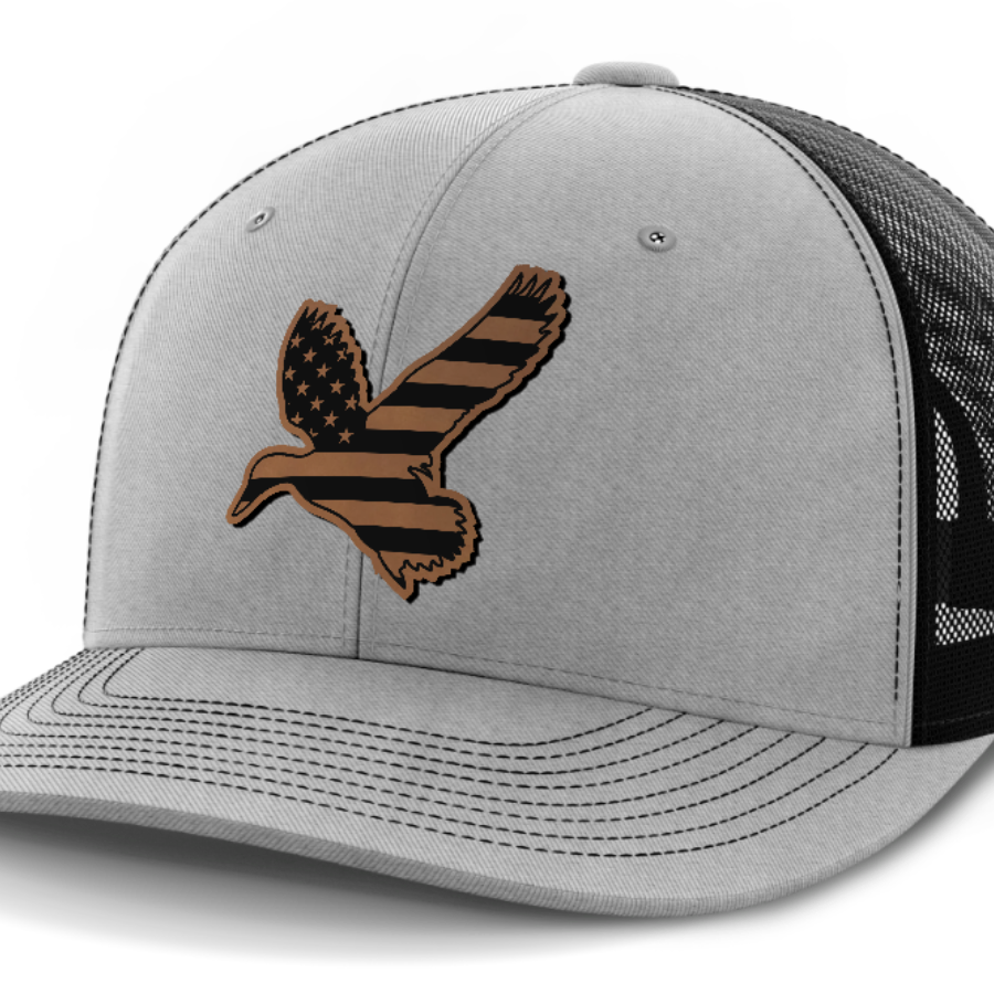 Duck Flag, Duck Hunting, Leather Patch Hat — Heather Gray | Black