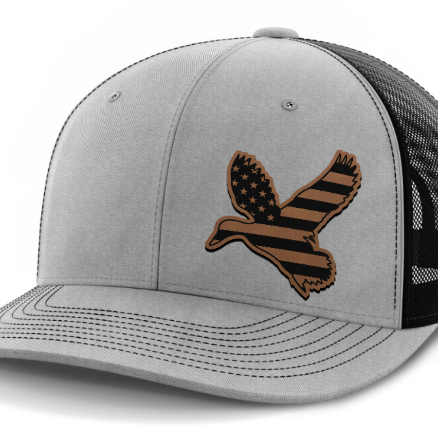 Duck Flag (left), Duck Hunting, Leather Patch Hat — Heather Gray | Black