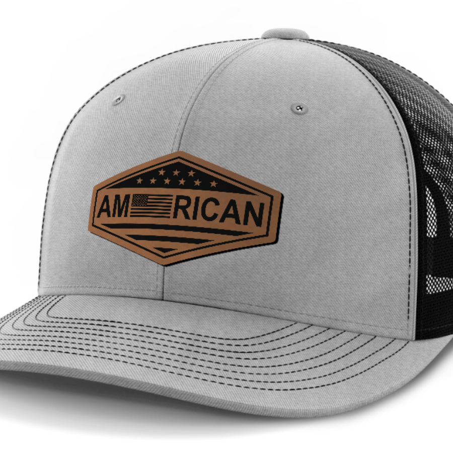 American Flag, Leather Patch Trucker Hat — Heather Gray | Black