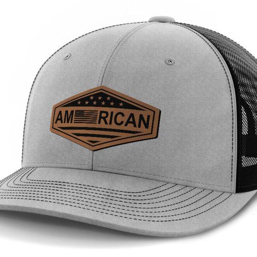 American Flag, Leather Patch Trucker Hat — Heather Gray | Black