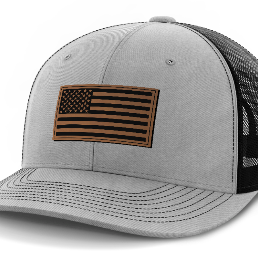 USA Flag, Leather Patch Hat — Heather Gray | Black