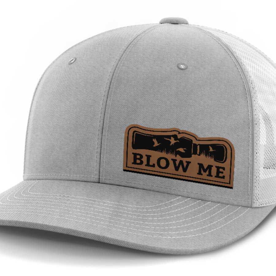 Blow Me, Duck Hunting, Leather Patch Hat — Heather Gray | White
