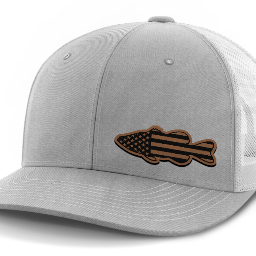 Bass Flag, Leather Patch Hat — Heather Gray | White
