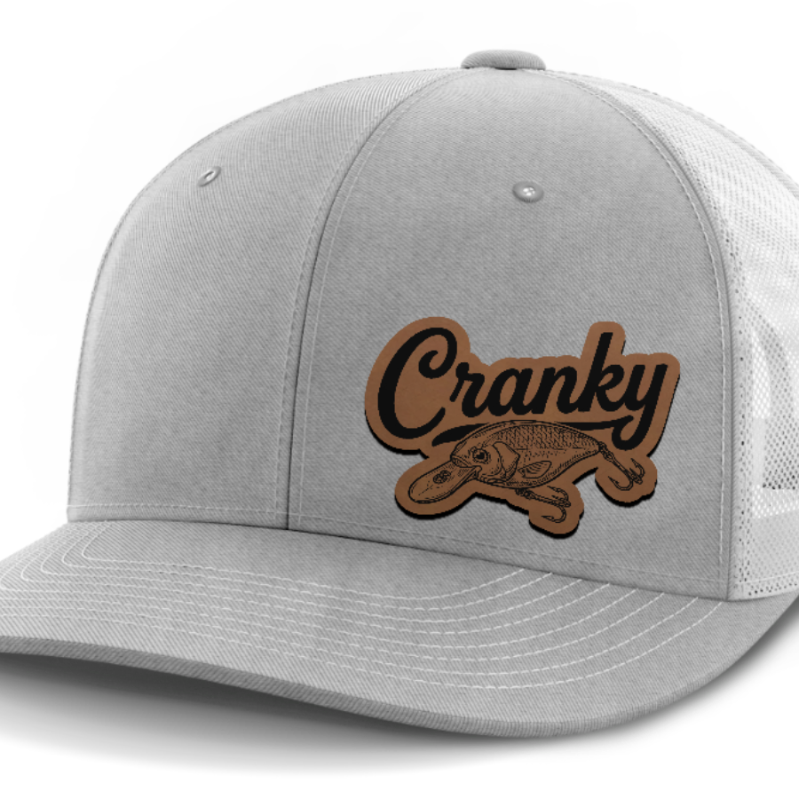 Cranky, Crankbait Decal (left), Leather Patch Hat — Heather Gray | White