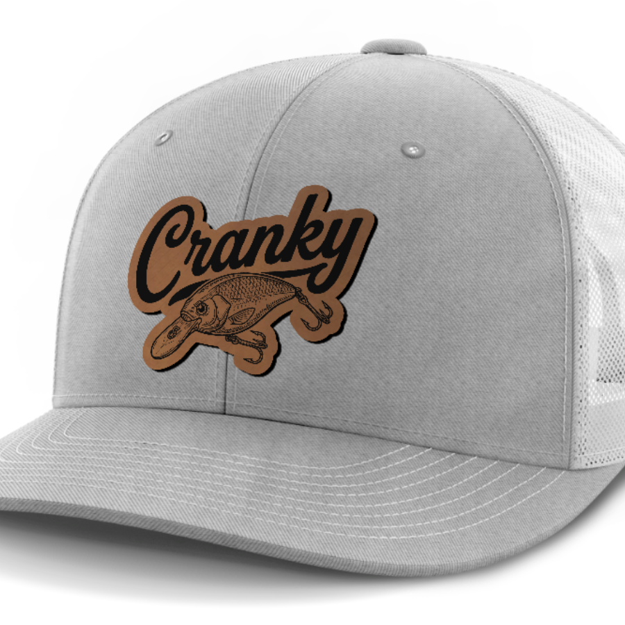 Cranky, Crankbait Decal, Leather Patch Hat — Heather Gray | White