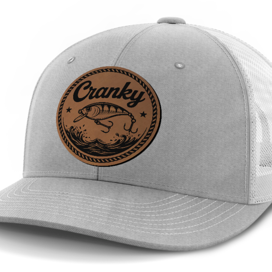 Cranky, Crankbait (round), Leather Patch Hat — Heather Gray | White