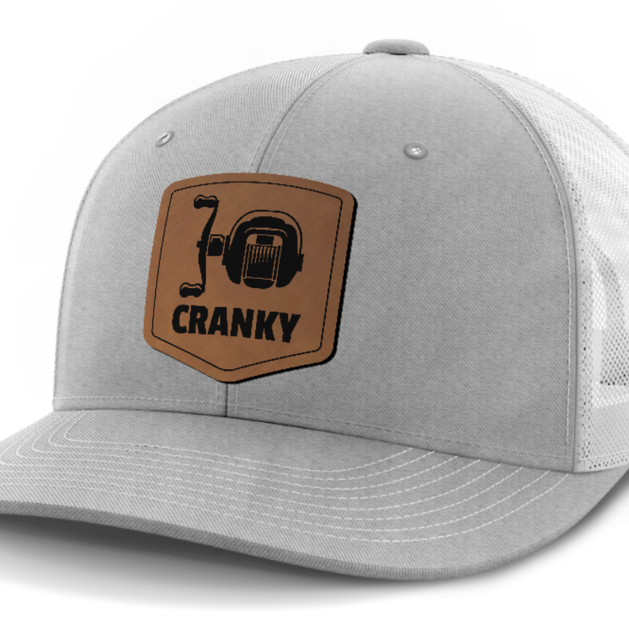 Cranky, Baitcaster, Leather Patch Hat — Heather Gray | White
