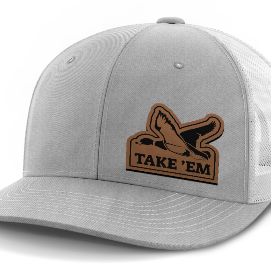 Take Em, Duck Hunting, Leather Patch Hat — Heather Gray | White