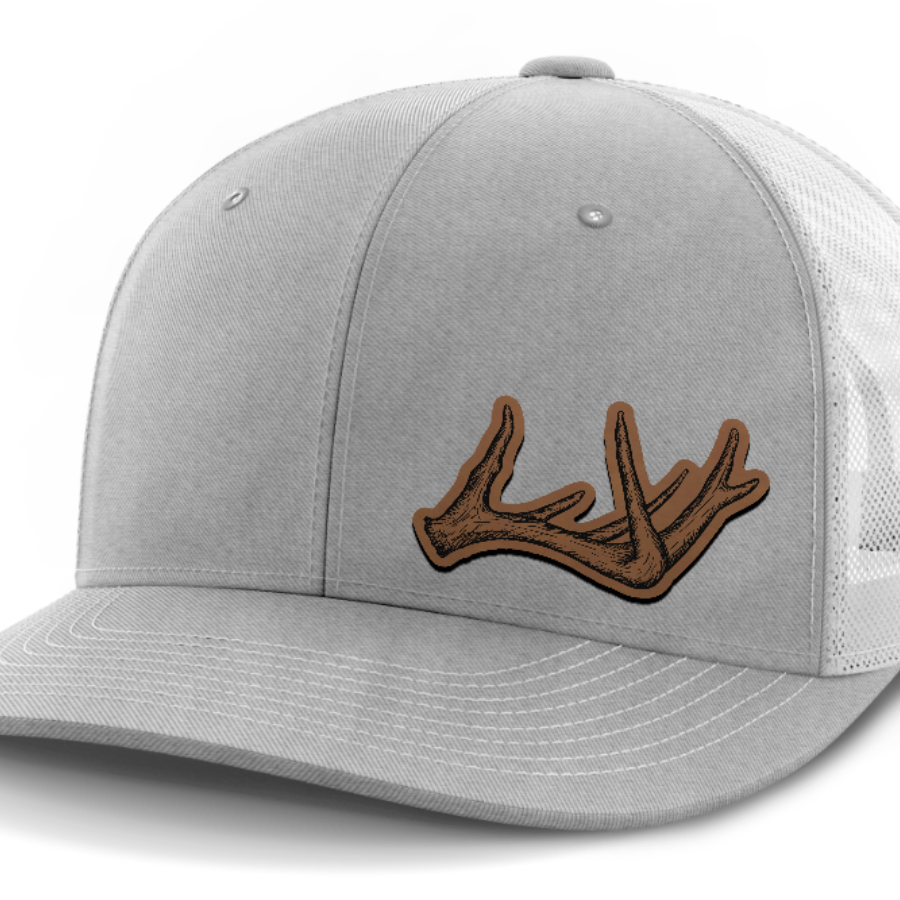 Antlers, Deer & Shed Hunting, Leather Patch Hat — Heather Gray | White
