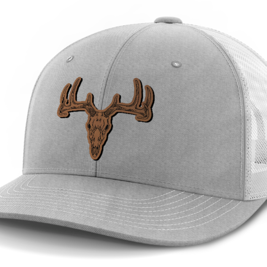 Deer Skull, Deer & Shed Hunting, Leather Patch Hat — Heather Gray | White