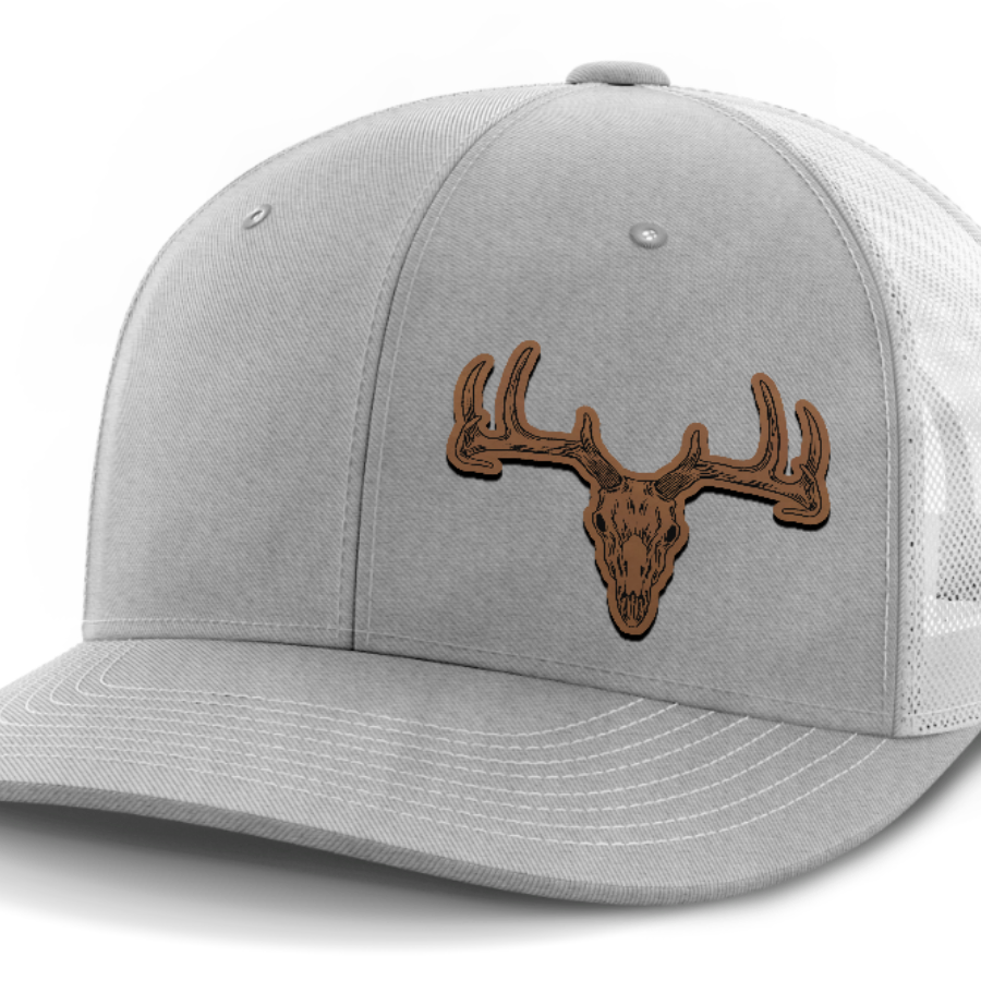 Deer Skull (left), Deer & Shed Hunting, Leather Patch Hat — Heather Gray | White
