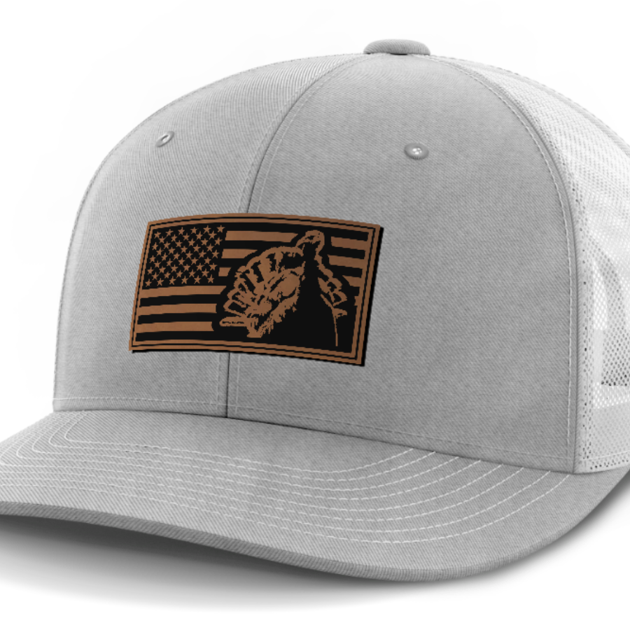 Flag with Turkey, Turkey Hunting, Leather Patch Hat — Heather Gray | White