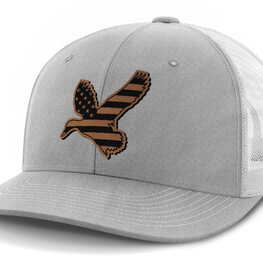 Duck Flag, Duck Hunting, Leather Patch Hat — Heather Gray | White