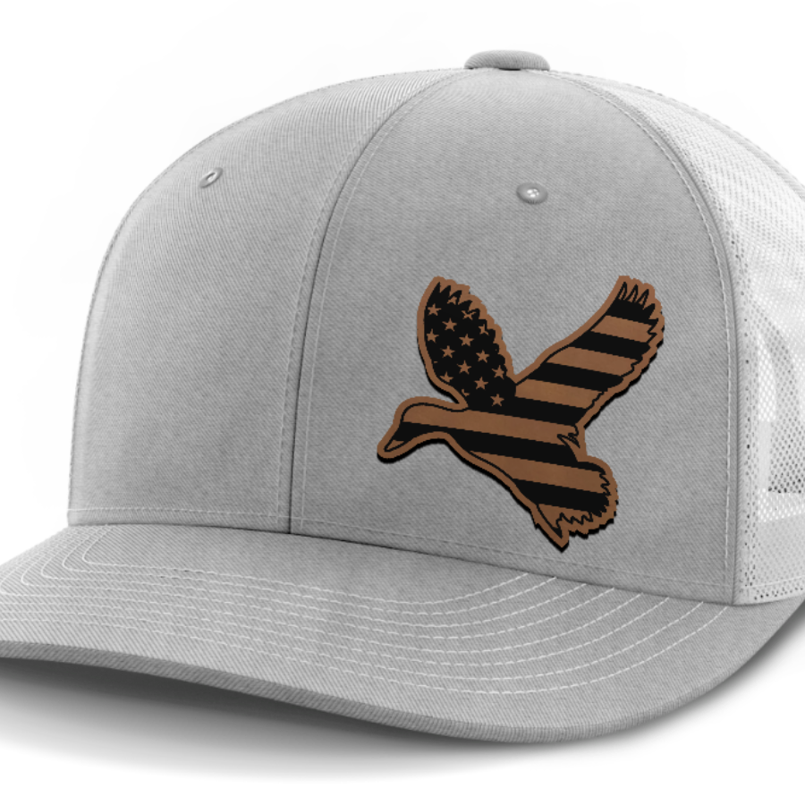 Duck Flag (left), Duck Hunting, Leather Patch Hat — Heather Gray | White