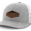 American Flag, Leather Patch Trucker Hat — Heather Gray | White