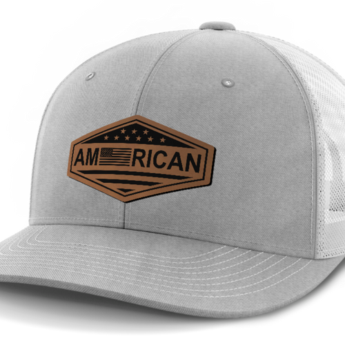American Flag, Leather Patch Trucker Hat — Heather Gray | White