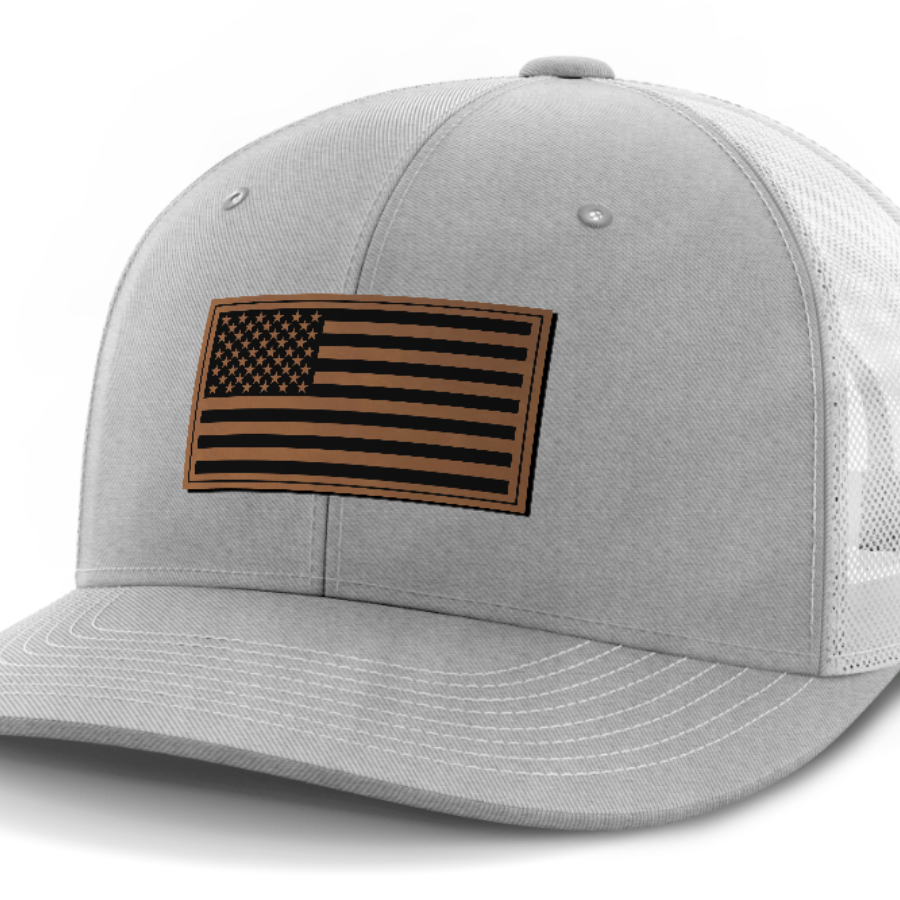 USA Flag, Leather Patch Hat — Heather Gray | White