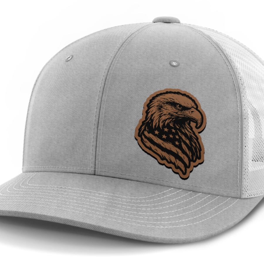 Eagle Flag (left), Leather Patch Hat — Heather Gray | White