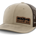 Blow Me, Duck Hunting, Leather Patch Hat — Khaki | Dark Brown