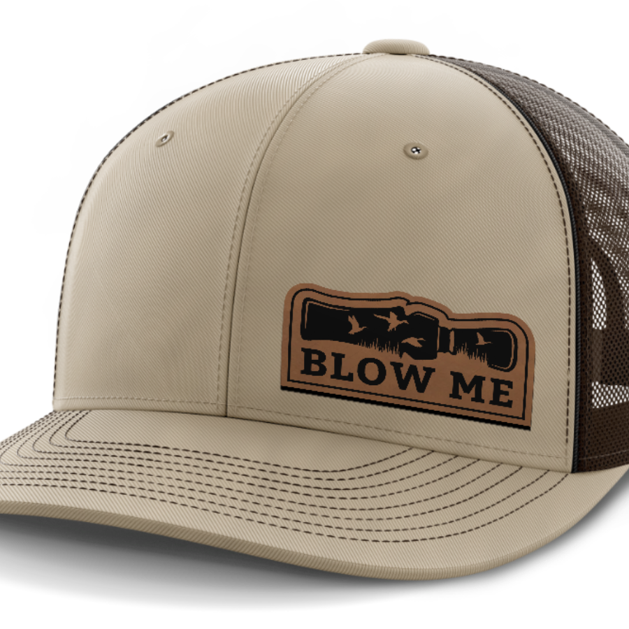 Blow Me, Duck Hunting, Leather Patch Hat — Khaki | Dark Brown