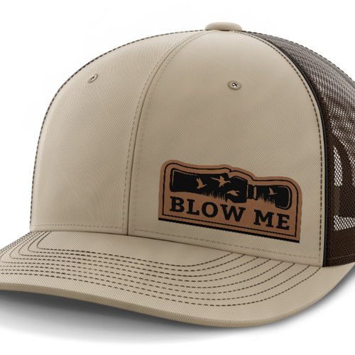 Blow Me, Duck Hunting, Leather Patch Hat — Khaki | Dark Brown
